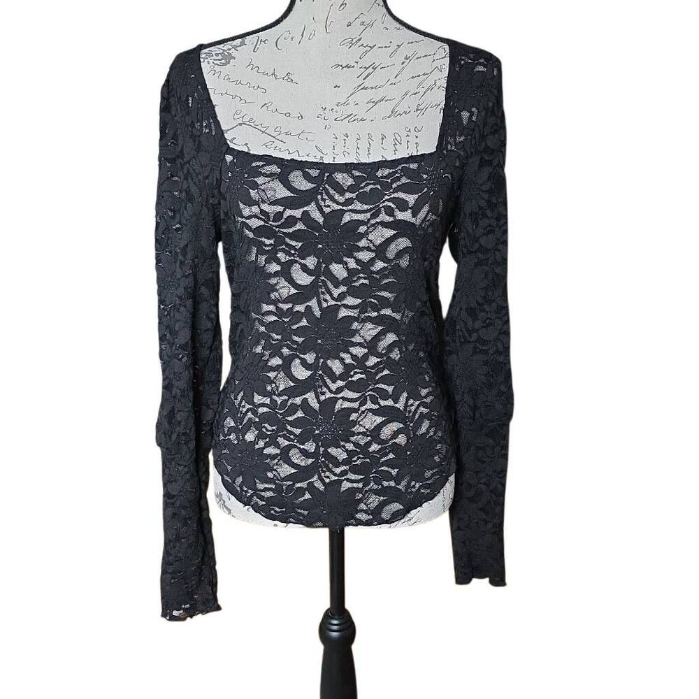 Free People Women's Size Large Sheer Black Lace Long Sleeve Square Neck Top